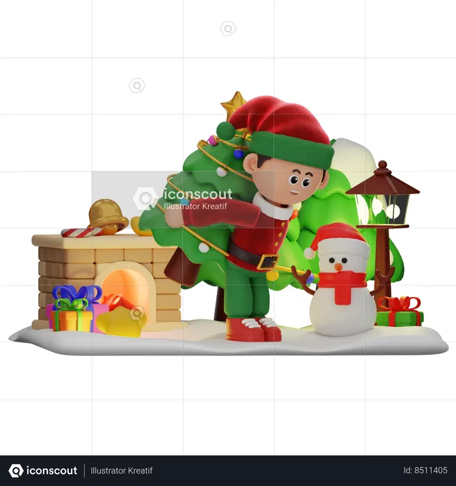 Boy Bring Christmas Tree  3D Illustration