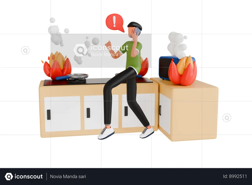 Boy Calling Fire Emergency Service Due To Fire In Kitchen  3D Illustration