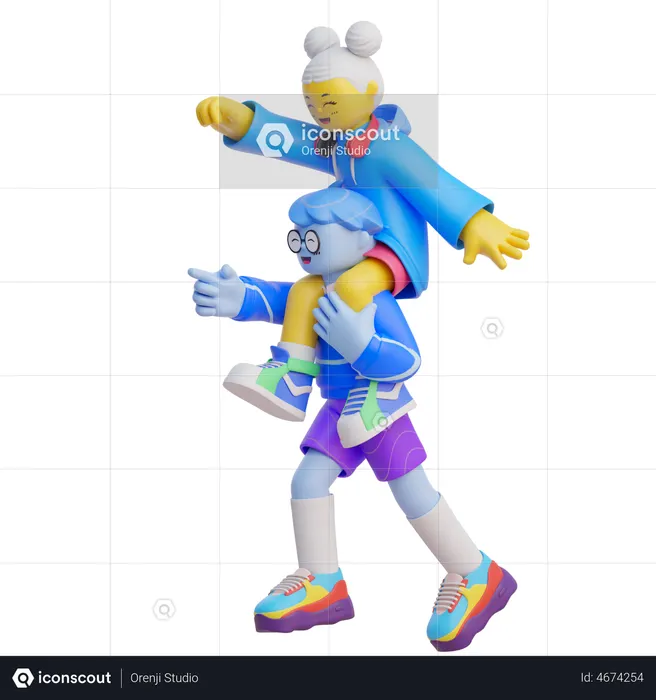 Boy Carrying Girl On Shoulder  3D Illustration