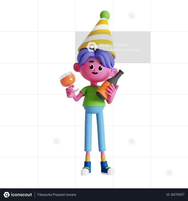 Boy celebrating new year by drinking wine  3D Illustration
