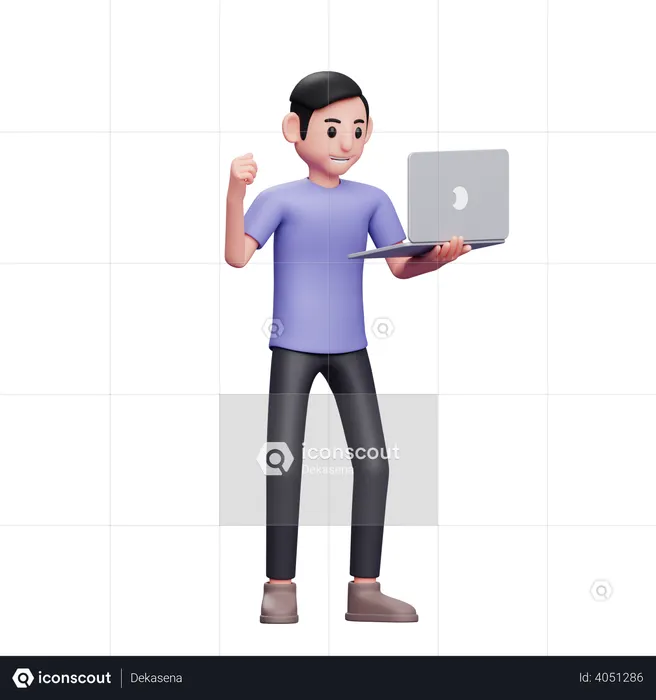 Boy celebrating victory while holding laptop  3D Illustration