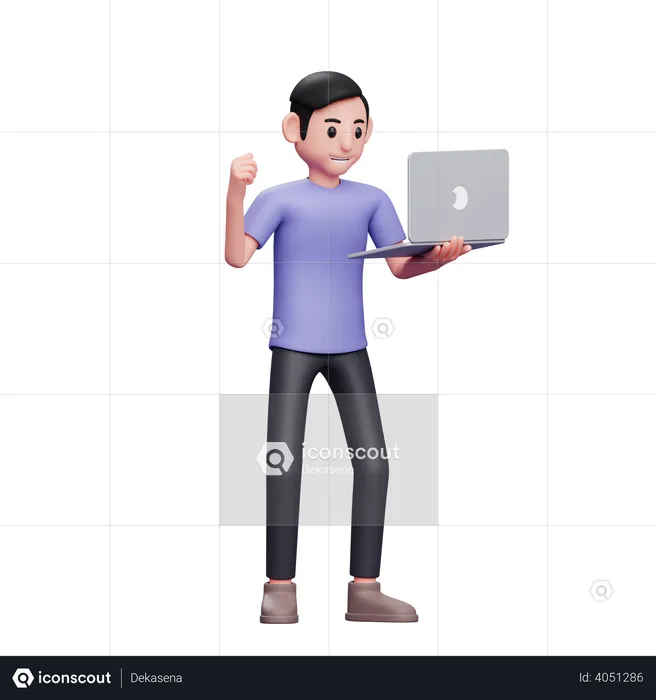 Boy celebrating victory while holding laptop  3D Illustration