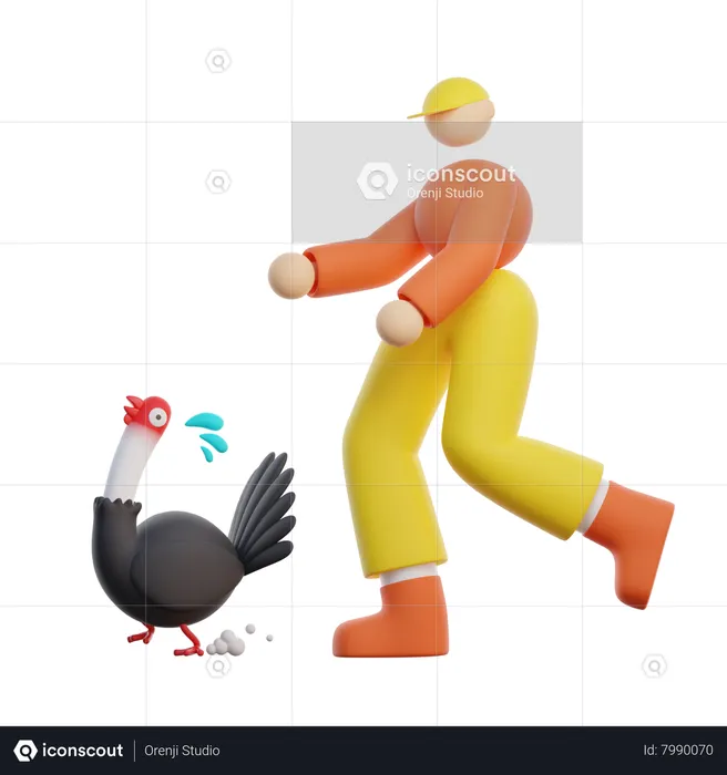 Boy chase chicken  3D Illustration