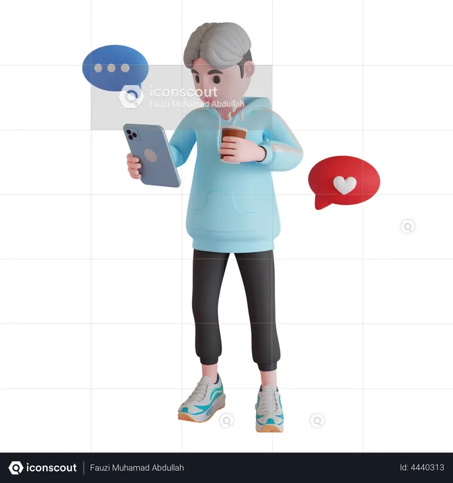 Boy chatting on social media while drinking coffee  3D Illustration