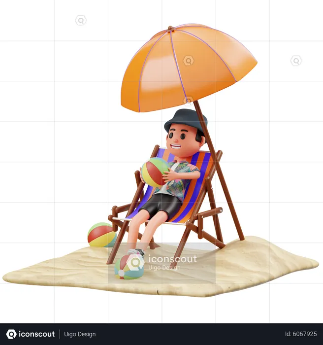 Boy chilling at beach and holding beach ball  3D Illustration