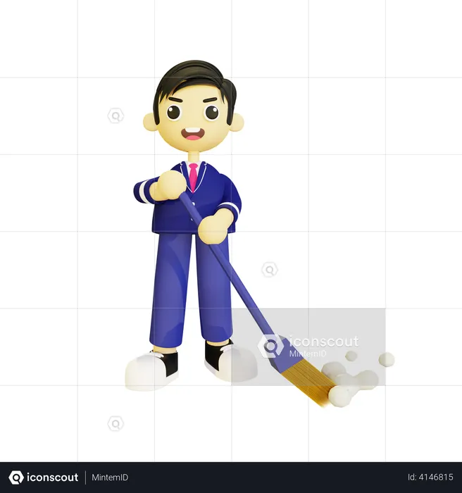 Boy cleaning with broom  3D Illustration