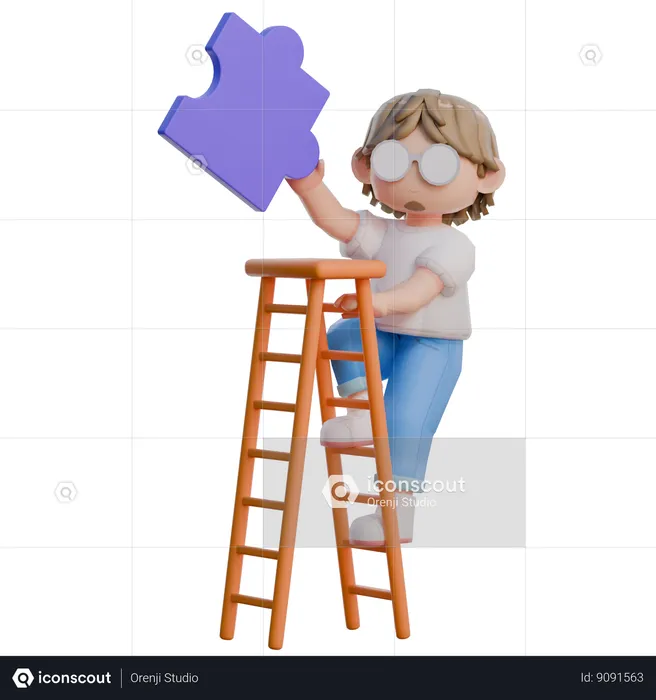 Boy Climbing Ladder While Holding Jigsaw Piece  3D Illustration