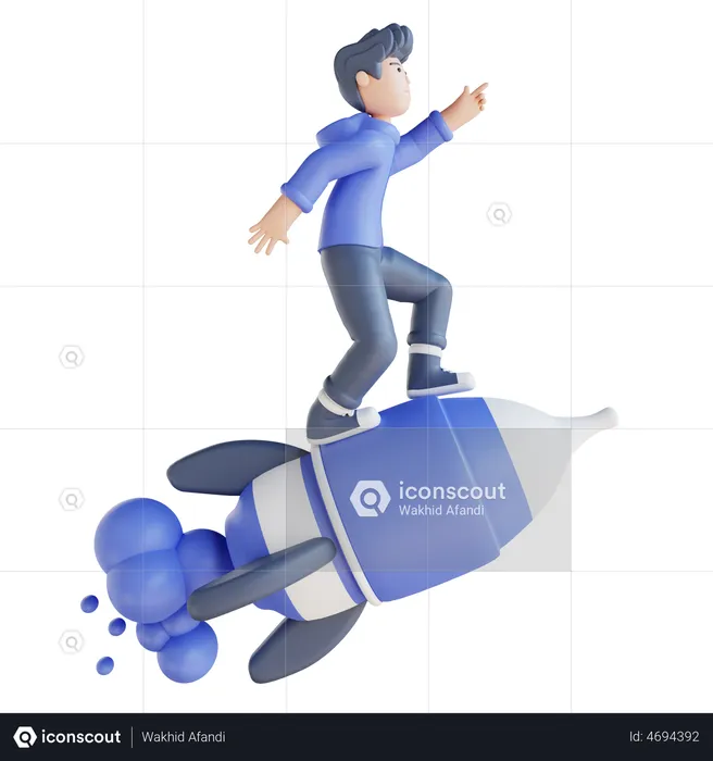 Boy doing new launching on rocket  3D Illustration