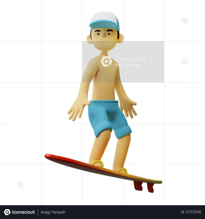 Boy doing Surfing on surfboard  3D Illustration
