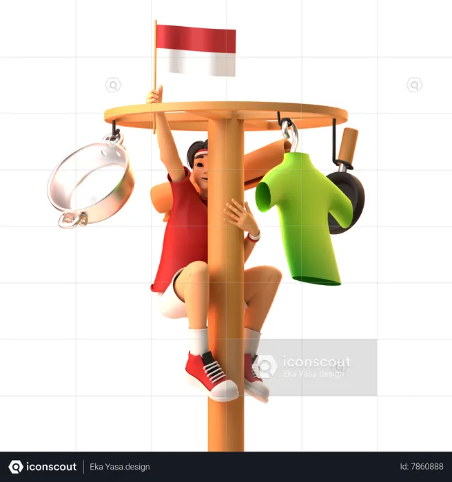 Boy Doing Traditional Panjat Pinang Competition On Indonesia Independence Day  3D Illustration