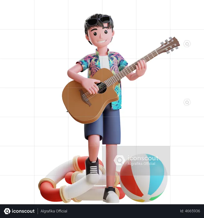 Boy Enjoying music on beach  3D Illustration