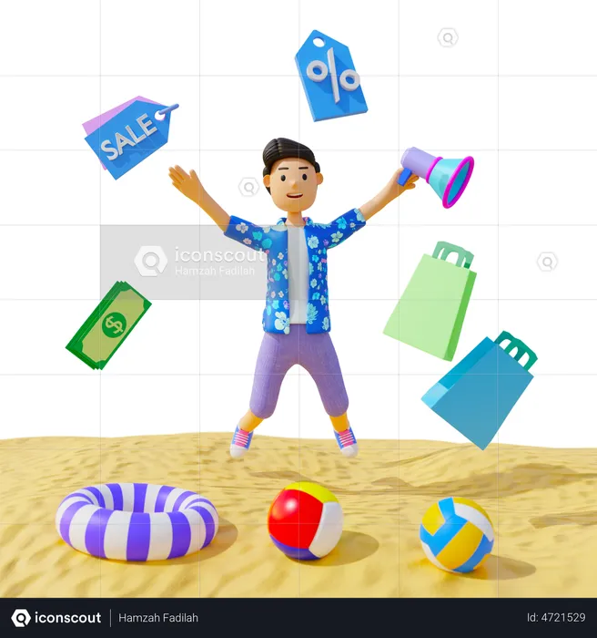 Boy enjoying Shopping discount in summer  3D Illustration