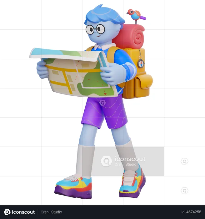 Boy Finding Location On Map  3D Illustration