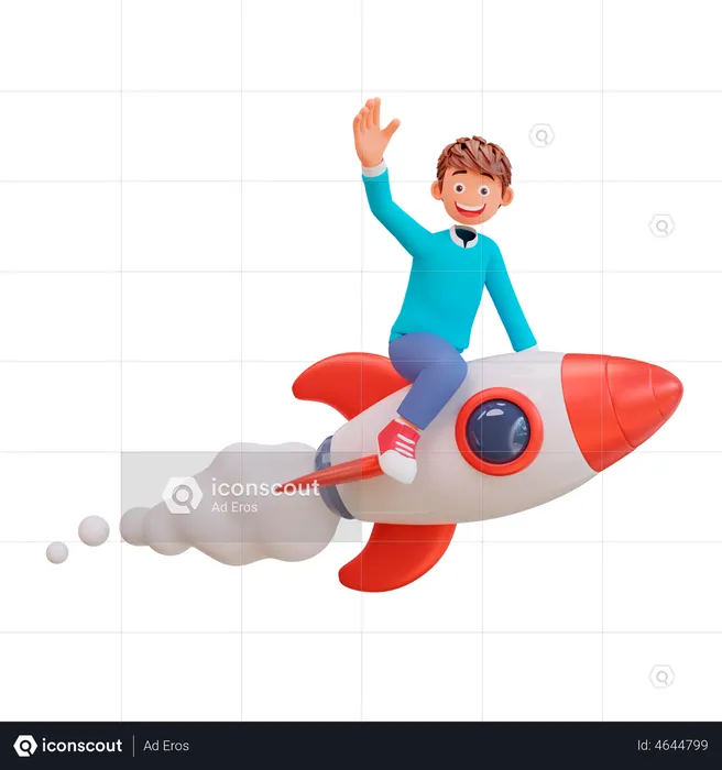 Boy flying on a rocket  3D Illustration