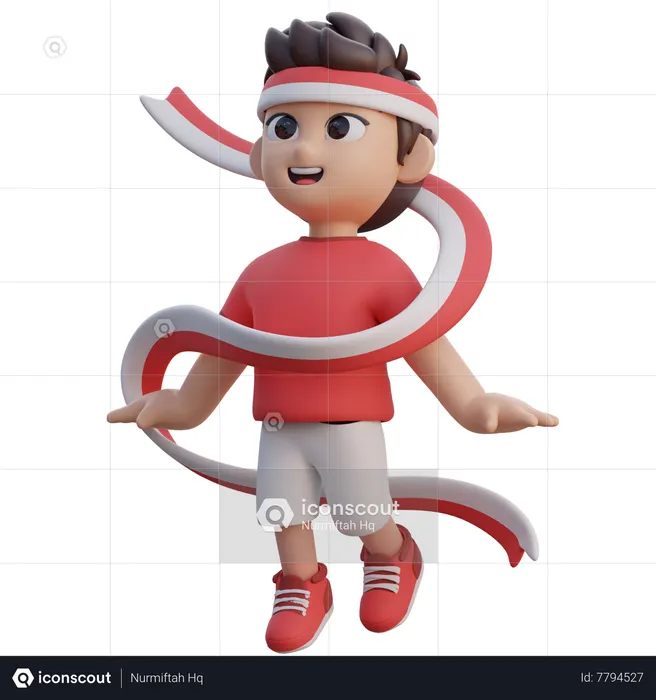Boy Flying with Indonesian Flag Ribbon  3D Illustration