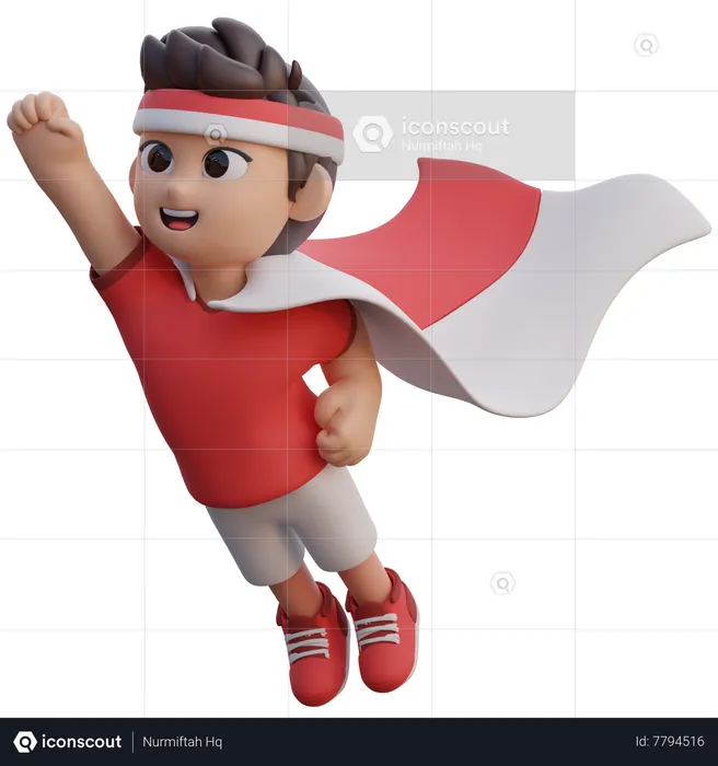 Boy Flying with Indonesian Flag Wing  3D Illustration