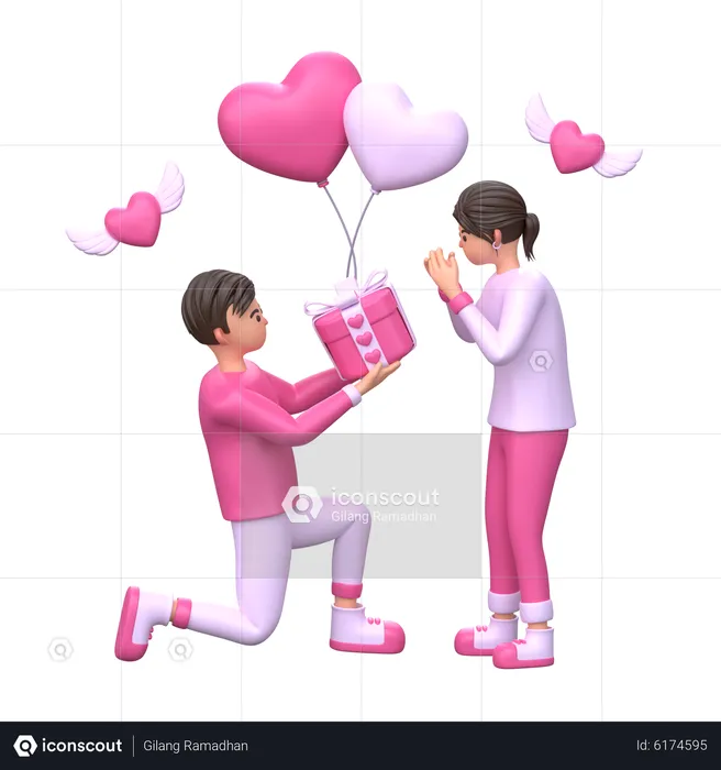 Boy giving gift to girlfriend  3D Illustration