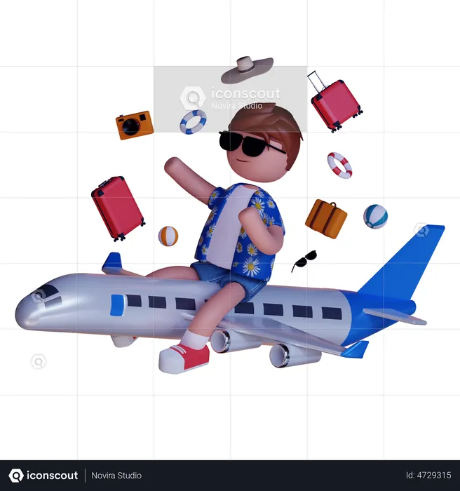 Boy Going On Vacation in Airplane  3D Illustration