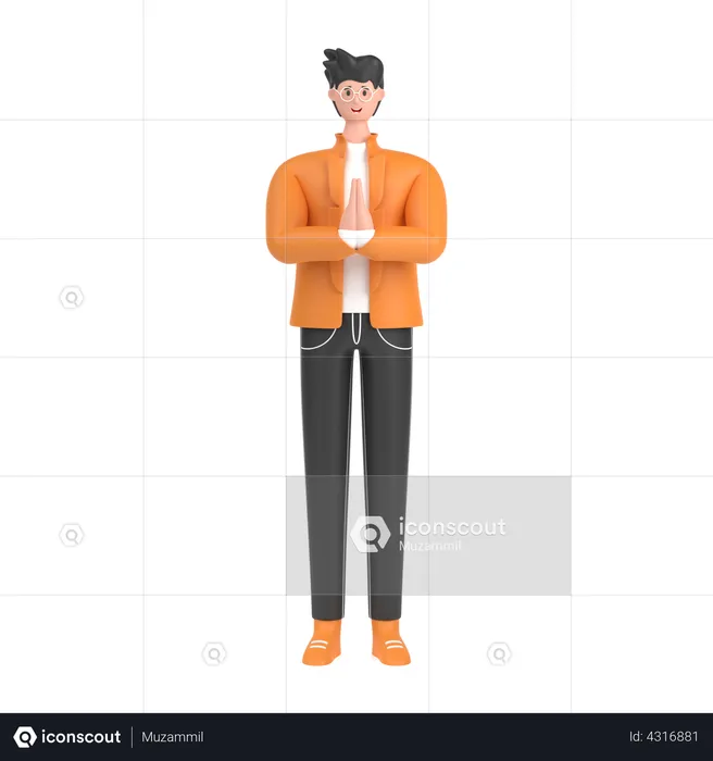 Boy greeting saying namaste with his hands  3D Illustration