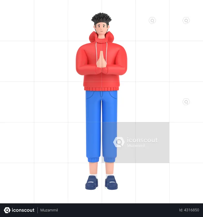 Boy greeting saying namaste with his hands  3D Illustration