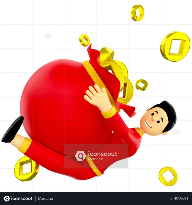 Boy hanging on bag of Chinese coins  3D Illustration