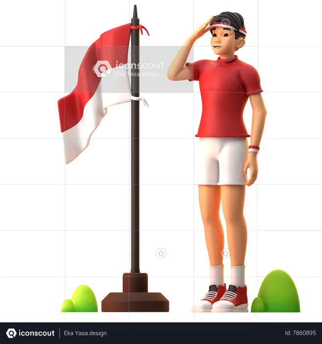 Boy Having Respect For Indonesian Flag  3D Illustration