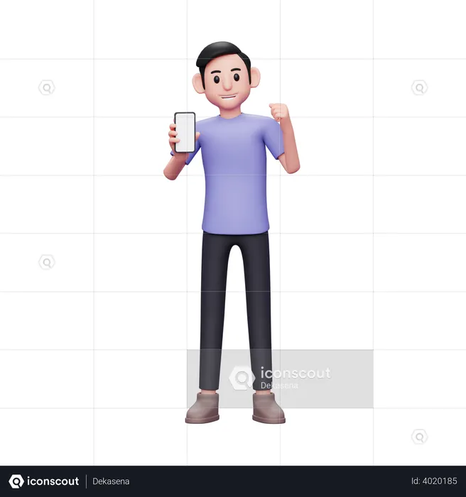 Boy holding and showing phone screen with winning gesture getting good news  3D Illustration
