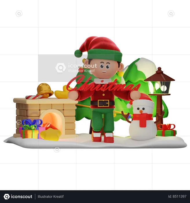 Boy Holding Big Christmas Text  3D Illustration