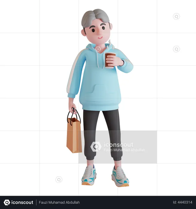 Boy holding coffee cup and shopping bag  3D Illustration