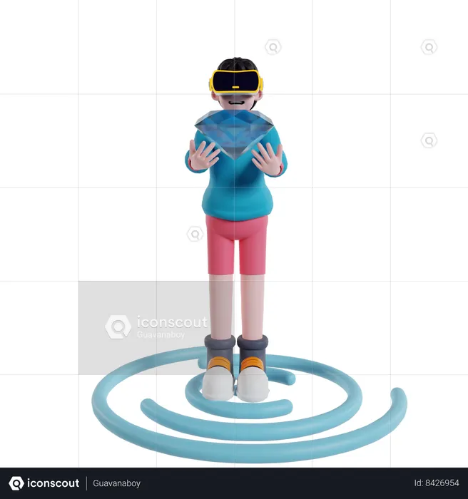 Boy holding diamond in virtual world using VR technology  3D Illustration