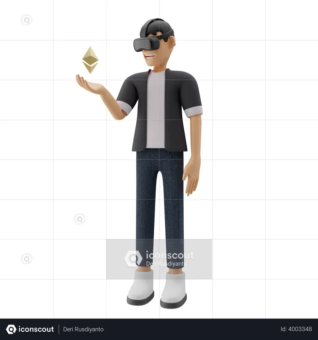 Boy holding Ethereum using VR tech  3D Illustration