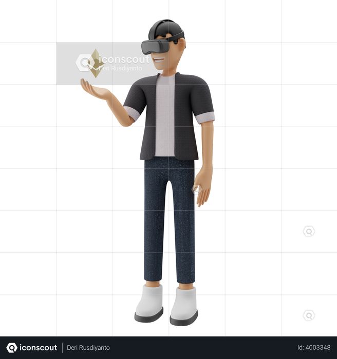 Boy holding Ethereum using VR tech 3D Illustration
