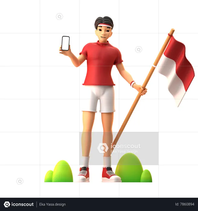 Boy Holding Flag While Showing Mobile  3D Illustration