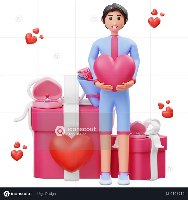 Boy holding heart in hand and celebrating valentine's day  3D Illustration
