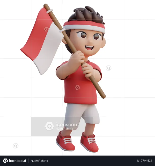 Boy Holding Indonesian Flag  3D Illustration