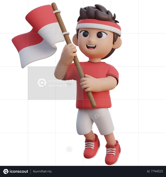 Boy Holding Indonesian Flag  3D Illustration