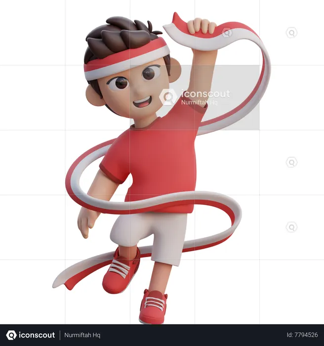 Boy Holding Indonesian Flag Ribbon  3D Illustration