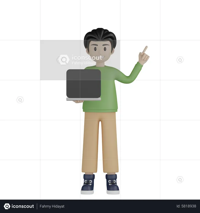 Boy holding laptop and pointing up  3D Illustration
