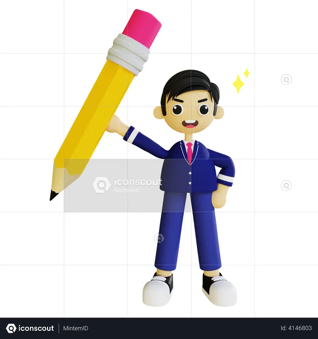 Boy holding pencil  3D Illustration