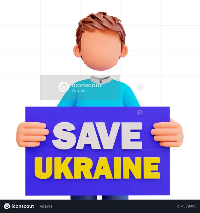 Boy holding save Ukraine poster  3D Illustration
