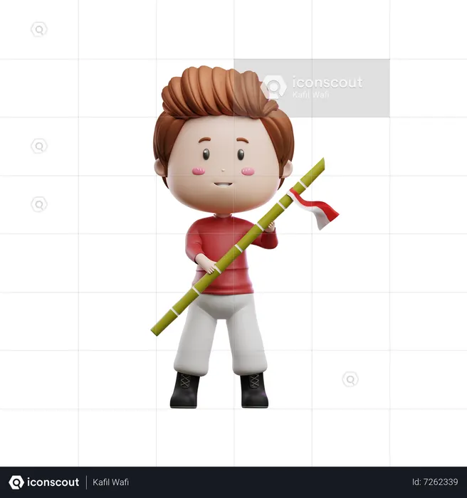 Boy Holding Sharpened Bamboo  3D Illustration