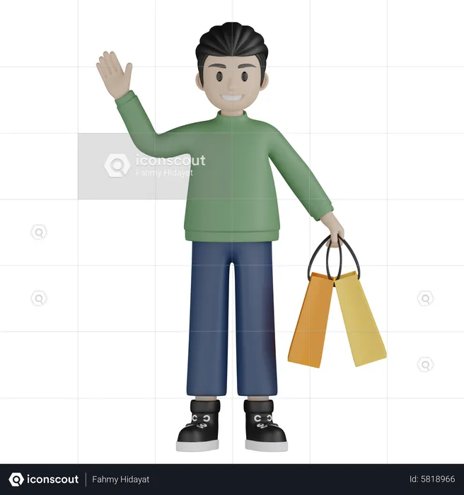 Boy holding shopping bags and say hi  3D Illustration