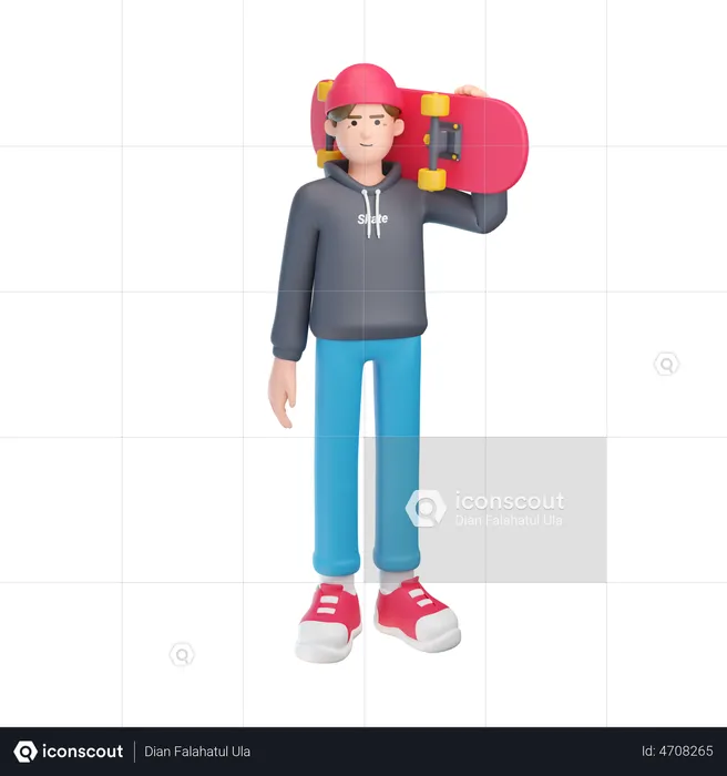 Boy Holding Skateboard  3D Illustration