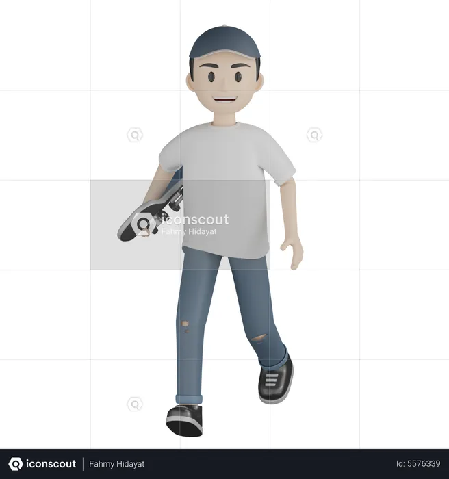 Boy Holding Skateboard  3D Illustration