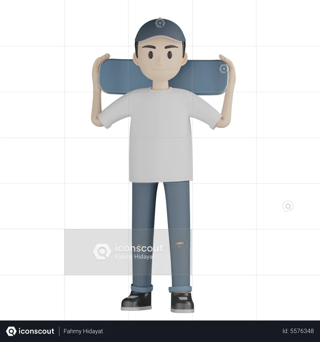 Boy Holding Skateboard  3D Illustration