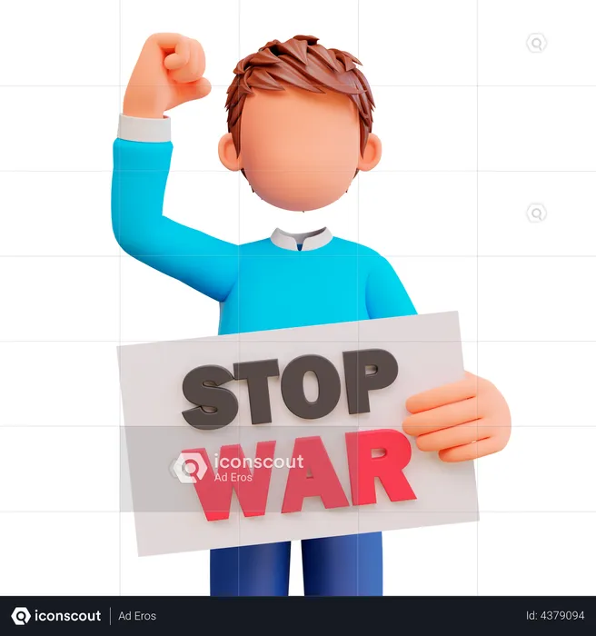 Boy holding stop war poster  3D Illustration