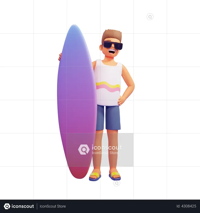 Boy holding surfboard  3D Illustration