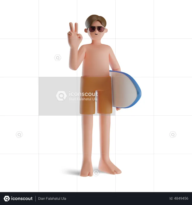 Boy Holding Surfboard  3D Illustration