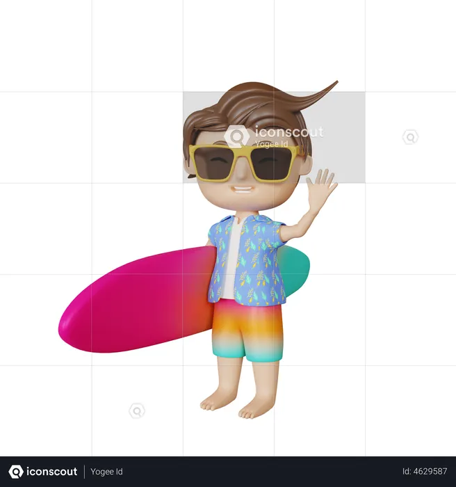 Boy holding surfboard  3D Illustration
