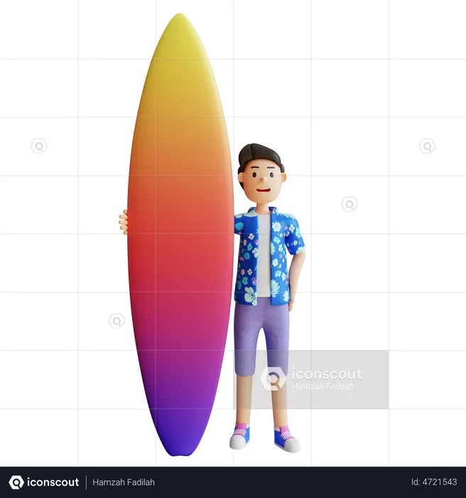 Boy Holding Surfboard  3D Illustration